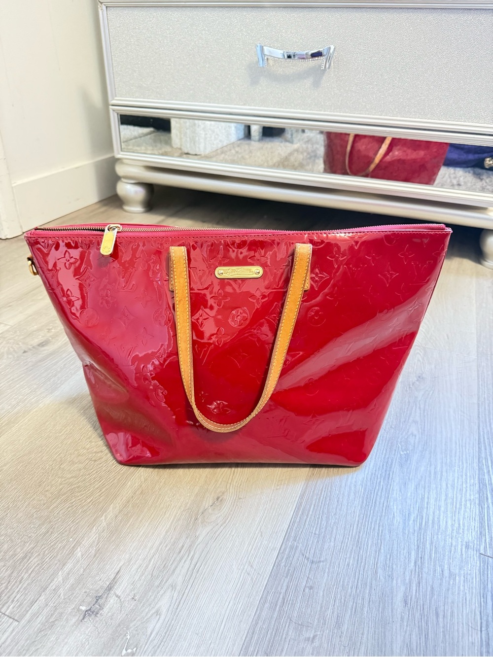 Louis Vuitton Shiny Red Patent Tote with Vachetta Leather Handles
